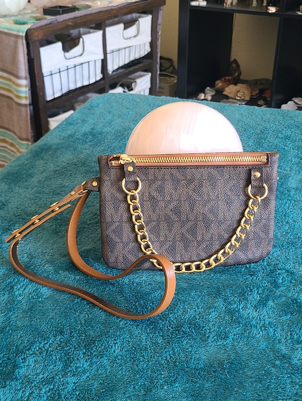 Michael Kors Brown and Gold Logo Chain Crossbody Bag